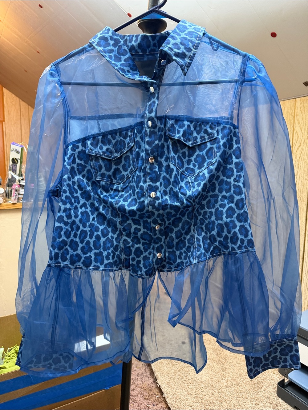 Blue Leopard Sheer Panel Jean Jacket with Peplum Hem